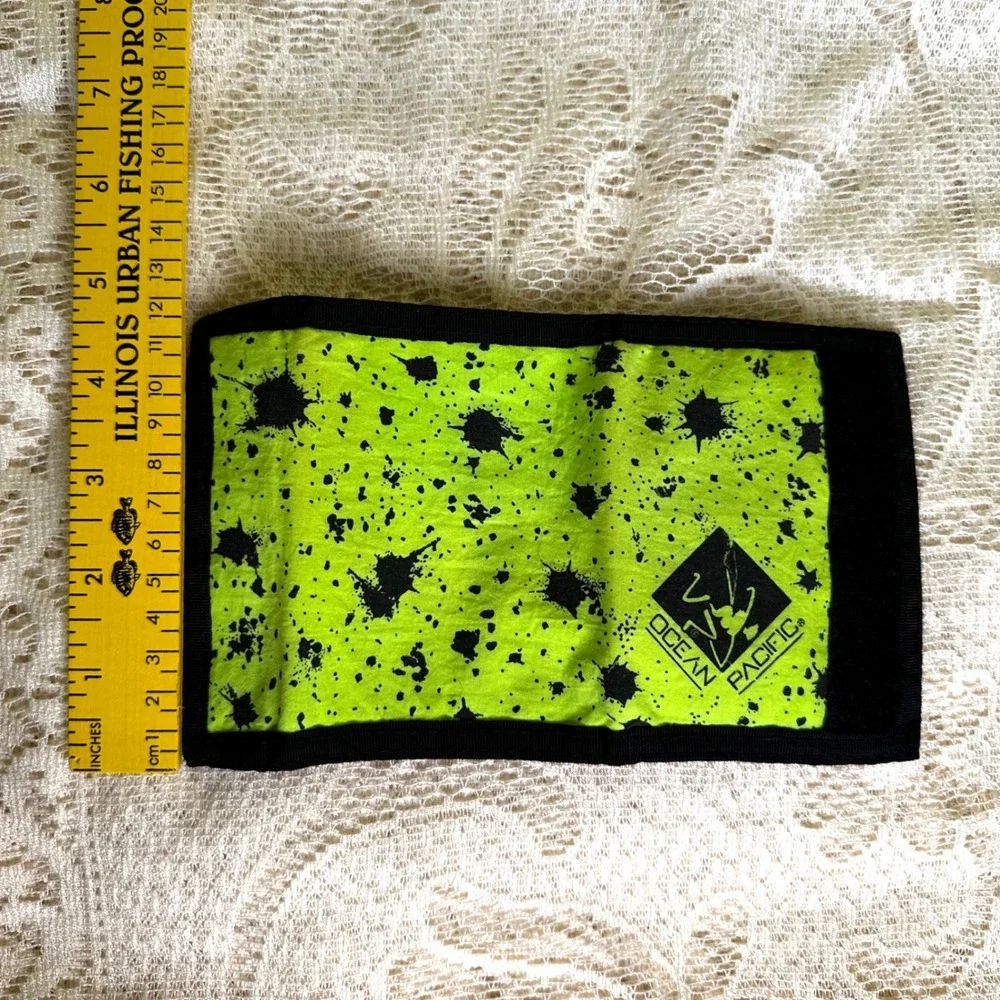 Vintage Ocean Pacific OP Neon Lime Green Paint Splatter Tri-Fold Surf Wallet